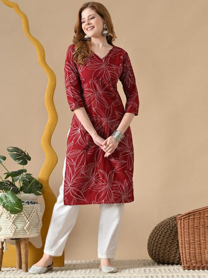 Floral Printed V-Neck Straight Cotton Kurta