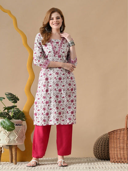 Floral Printed V-Neck Cotton Straight Kurta