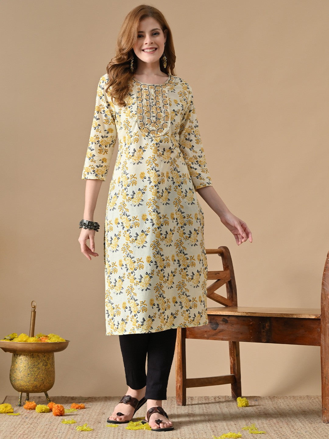 Floral Printed Cotton Straight Kurta