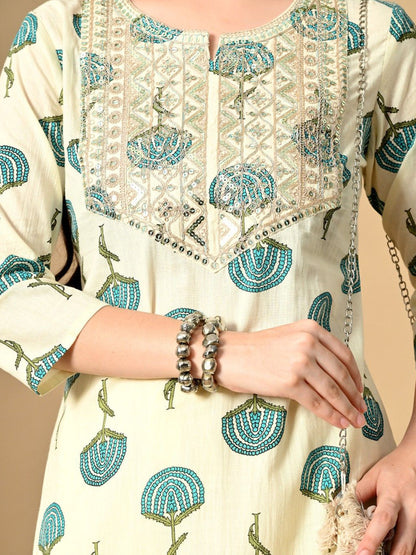 Embroidered Round Neck Sequins Cotton Straight Kurta