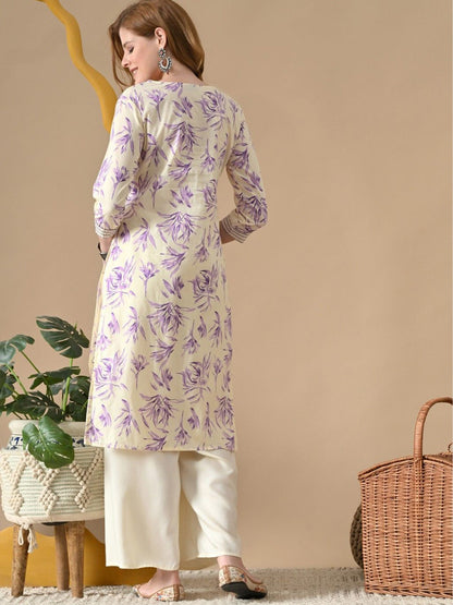 Women Floral Embroidered V-Neck Thread Work Straight Kurta