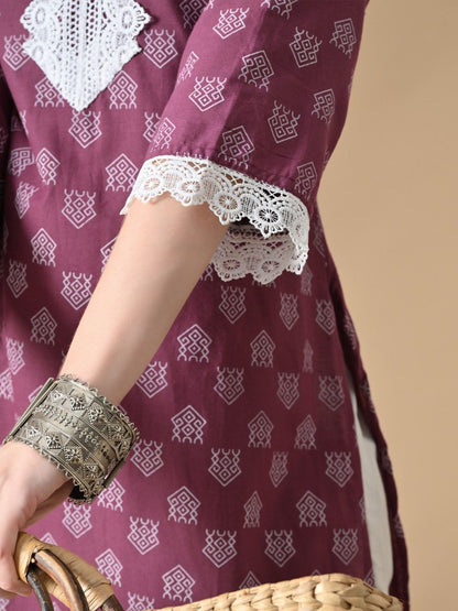 Women Ethnic Motifs Printed Thread Work Lace Cotton Kurta