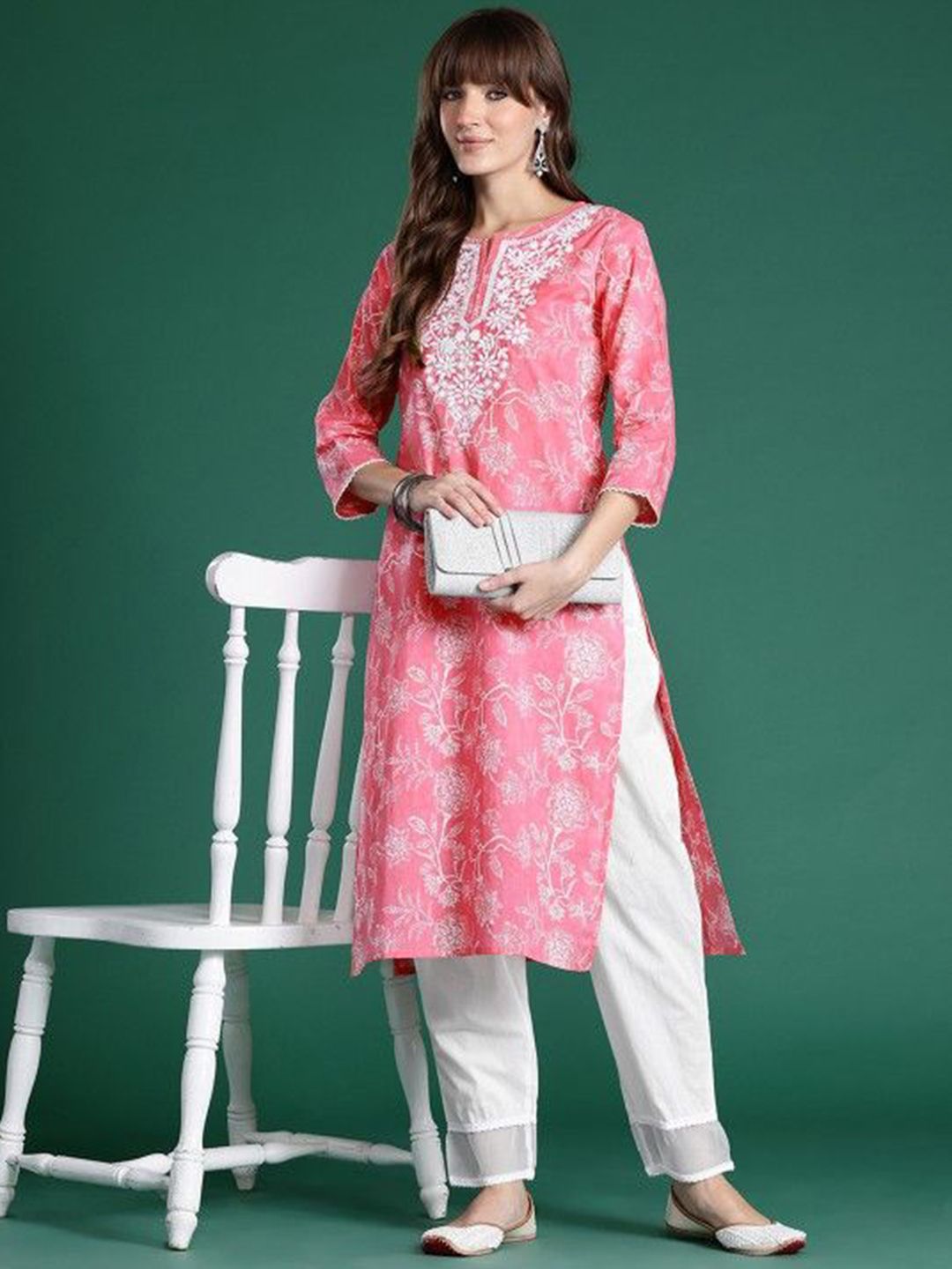 Floral Printed Notch Neck Straight Cotton Kurta