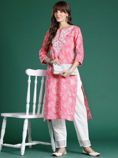Floral Printed Notch Neck Straight Cotton Kurta