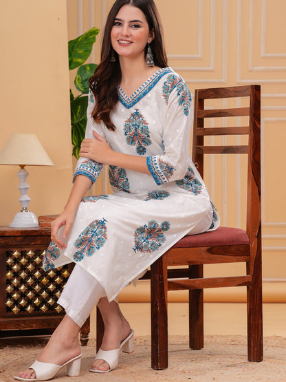 Floral Printed Thread Work Cotton Straight Kurta