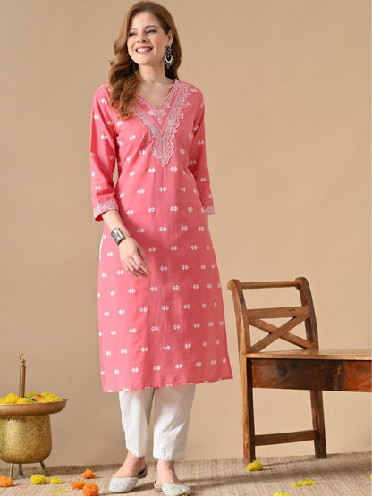 Floral Embroidered V-Neck Straight Cotton Kurta