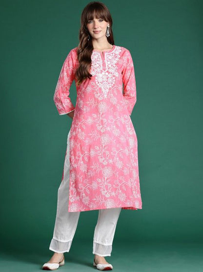 Floral Printed Notch Neck Straight Cotton Kurta