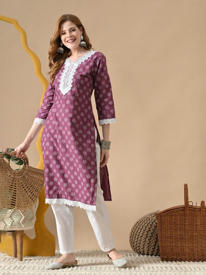 Women Ethnic Motifs Printed Thread Work Lace Cotton Kurta