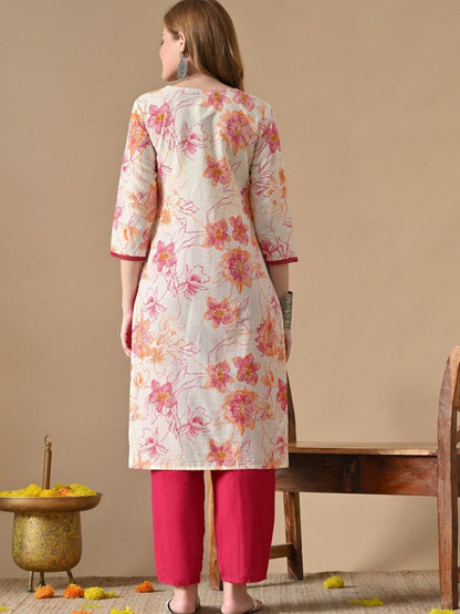 Floral Printed Thread Work Detail Pure Cotton A -Line Kurta