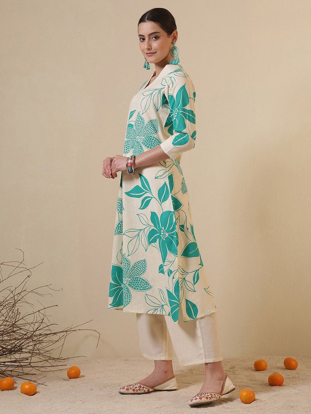 Floral Printed V-Neck A-Line Cotton Kurta