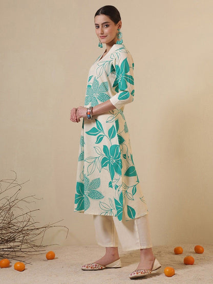 Floral Printed V-Neck A-Line Cotton Kurta