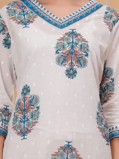 Floral Printed Thread Work Cotton Straight Kurta