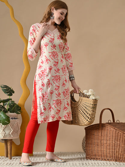 Women Floral Printed Daily Cotton Straight Kurta