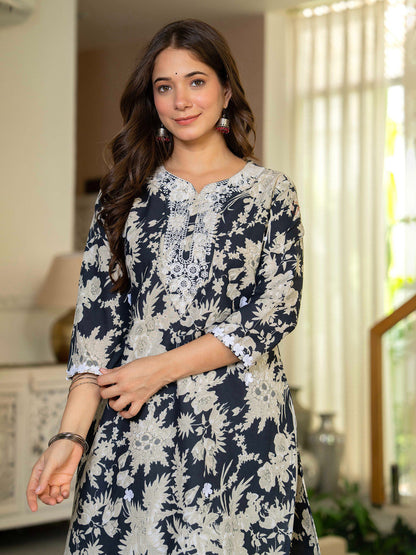 Floral Printed Notch Neck Straight Cotton Kurta