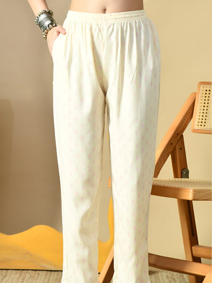 Floral Printed V-Neck Pure Cotton Straight Kurta With Trousers