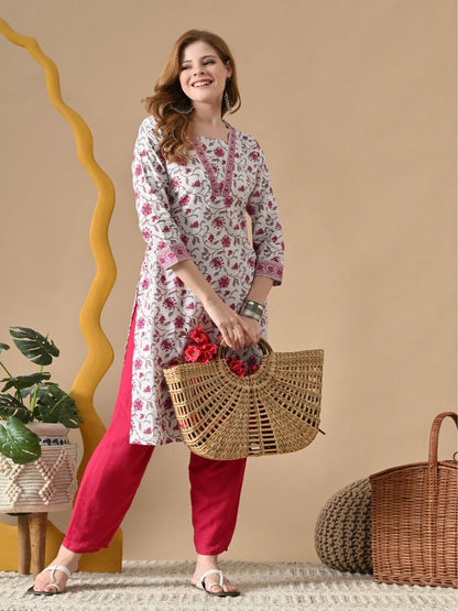 Floral Printed V-Neck Cotton Straight Kurta