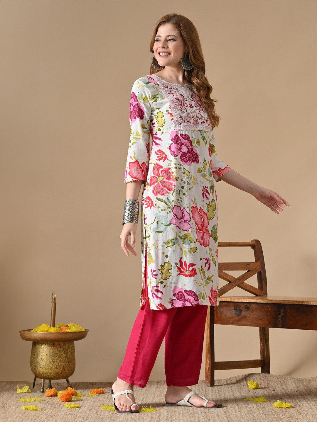 Floral Printed Notch-Neck Straight Cotton Kurta