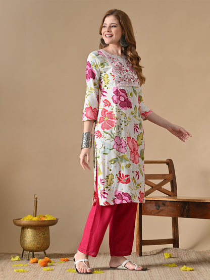 Floral Printed Notch-Neck Straight Cotton Kurta
