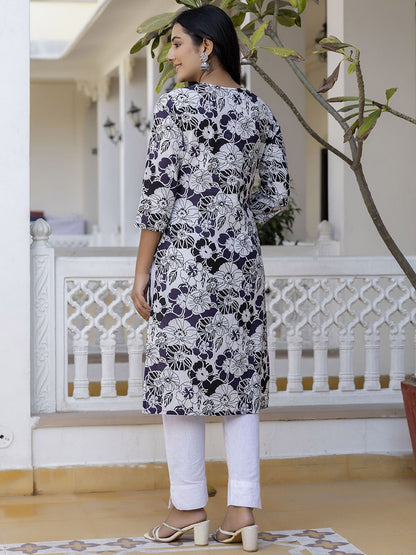Floral Printed Sequinned Cotton Straight Kurta