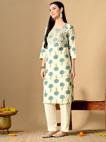 Embroidered Round Neck Sequins Cotton Straight Kurta