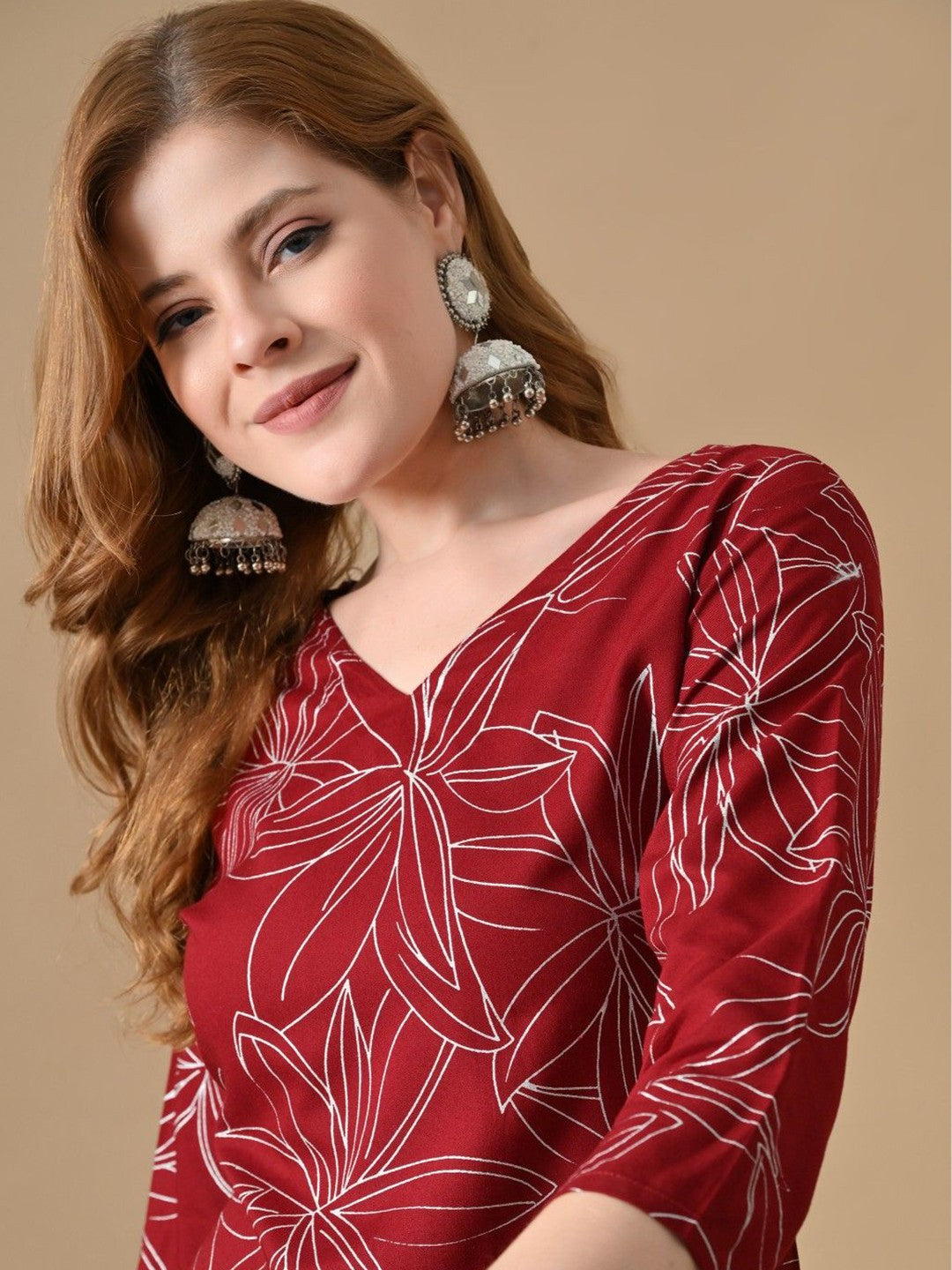 Floral Printed V-Neck Straight Cotton Kurta