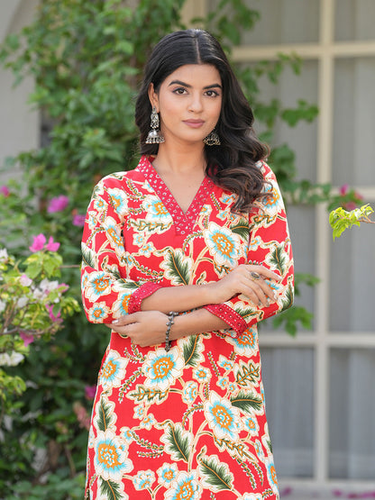Women Floral Printed Flared Sleeves Thread Work A-Line Kurta