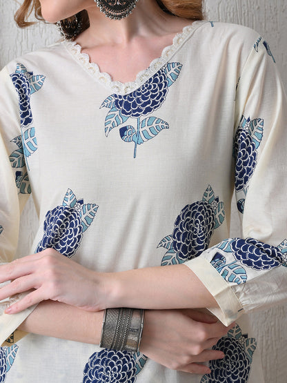Floral Printed V-Neck Pure Cotton Straight Kurta With Trousers