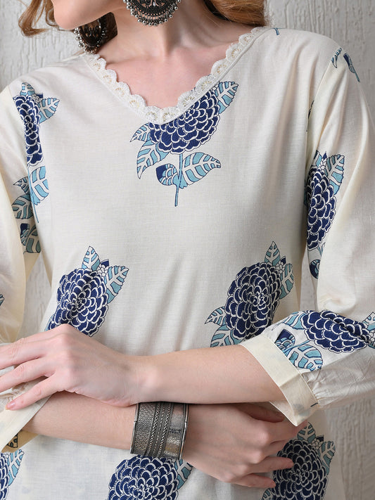 Floral Printed V-Neck Pure Cotton Straight Kurta With Trousers