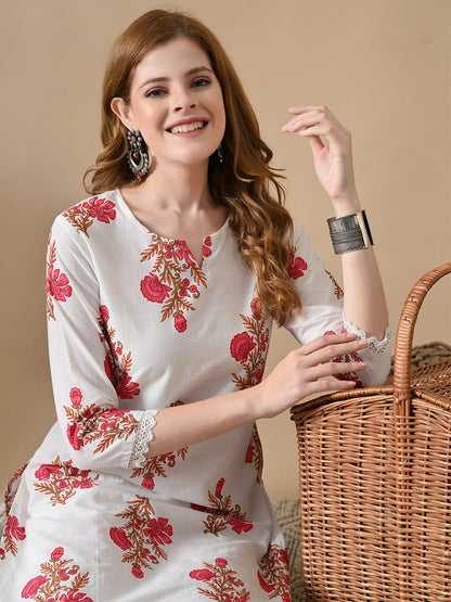 Women Floral Printed Pure Cotton Kurta with Trousers