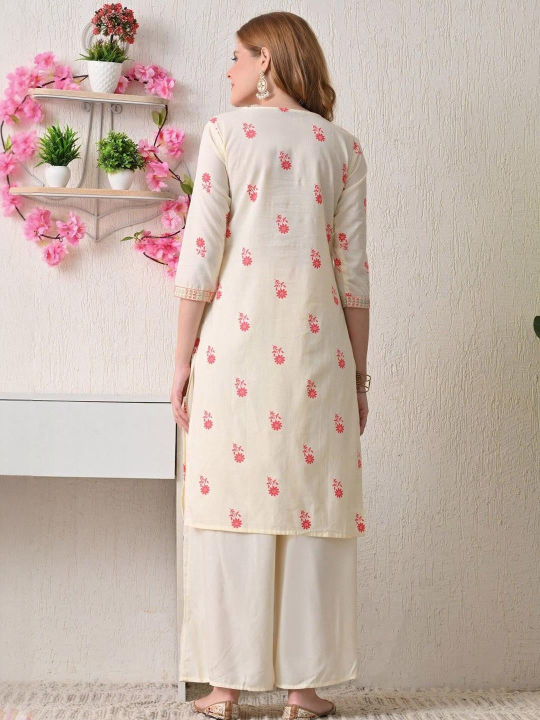 Women Floral Printed Yoke Embroidered Cotton Kurta