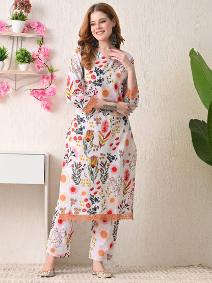 Women Floral Printed Cotton Kurta with Trousers