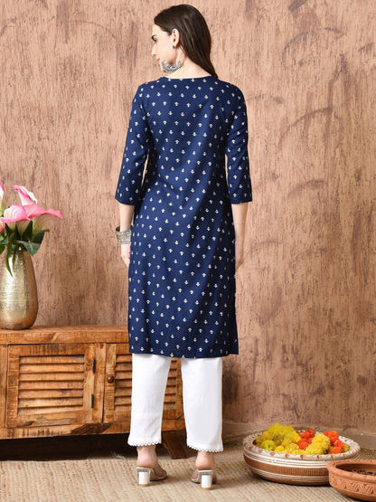 Women Woven Design Embroidered Screen Print Festive Cotton Straight Kurta