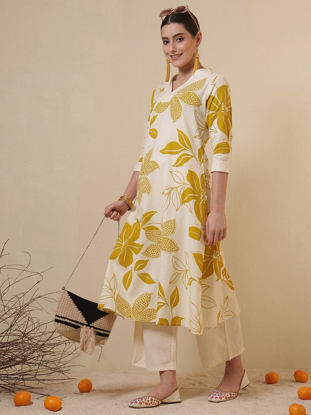 Floral Printed V-Neck Cotton A-Line Kurta