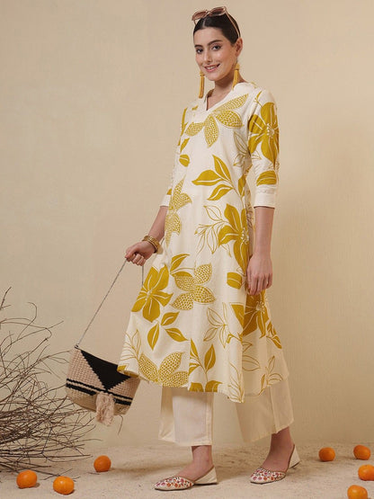 Floral Printed V-Neck Cotton A-Line Kurta