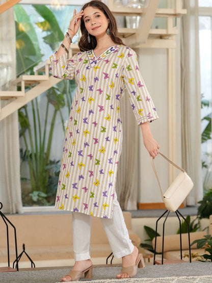 Women Geometric Checked Keyhole Neck Thread Work Kurta