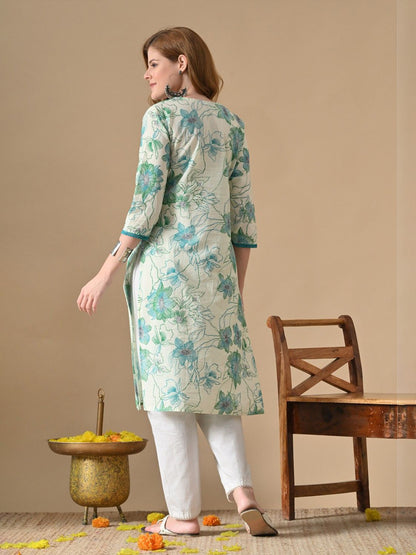 Lace work V-Neck Floral Printed Kurta