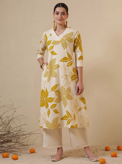 Floral Printed V-Neck Cotton A-Line Kurta
