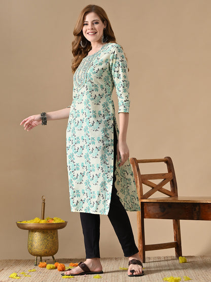 Floral Printed Cotton Straight Kurta