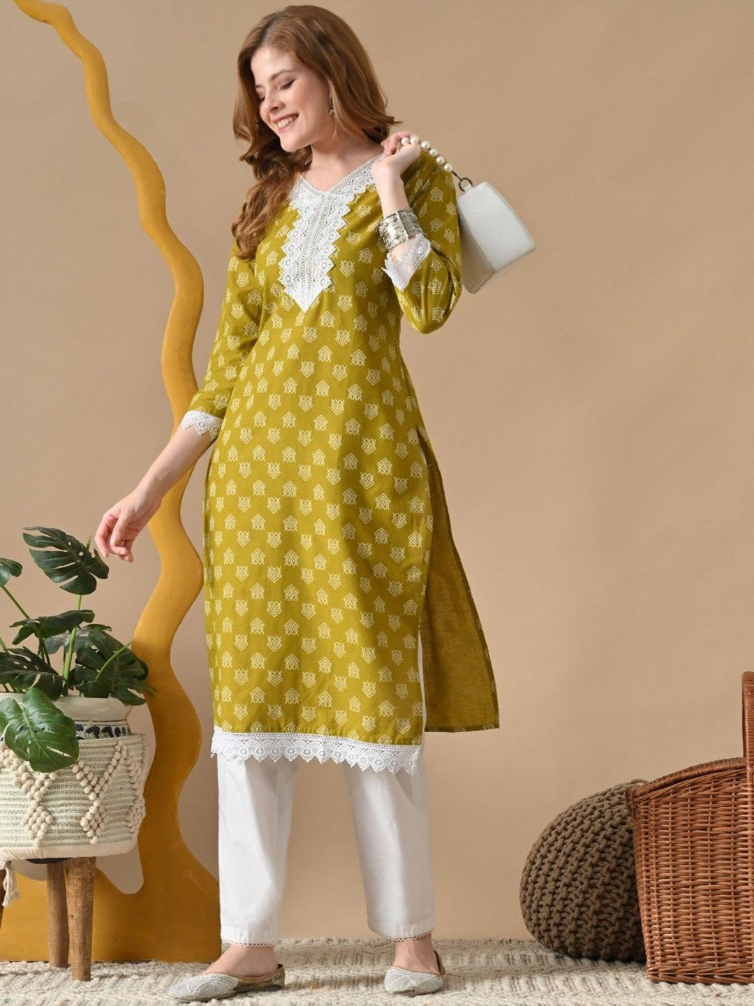 Women Cotton Ethnic Motifs Printed Lace Kurta