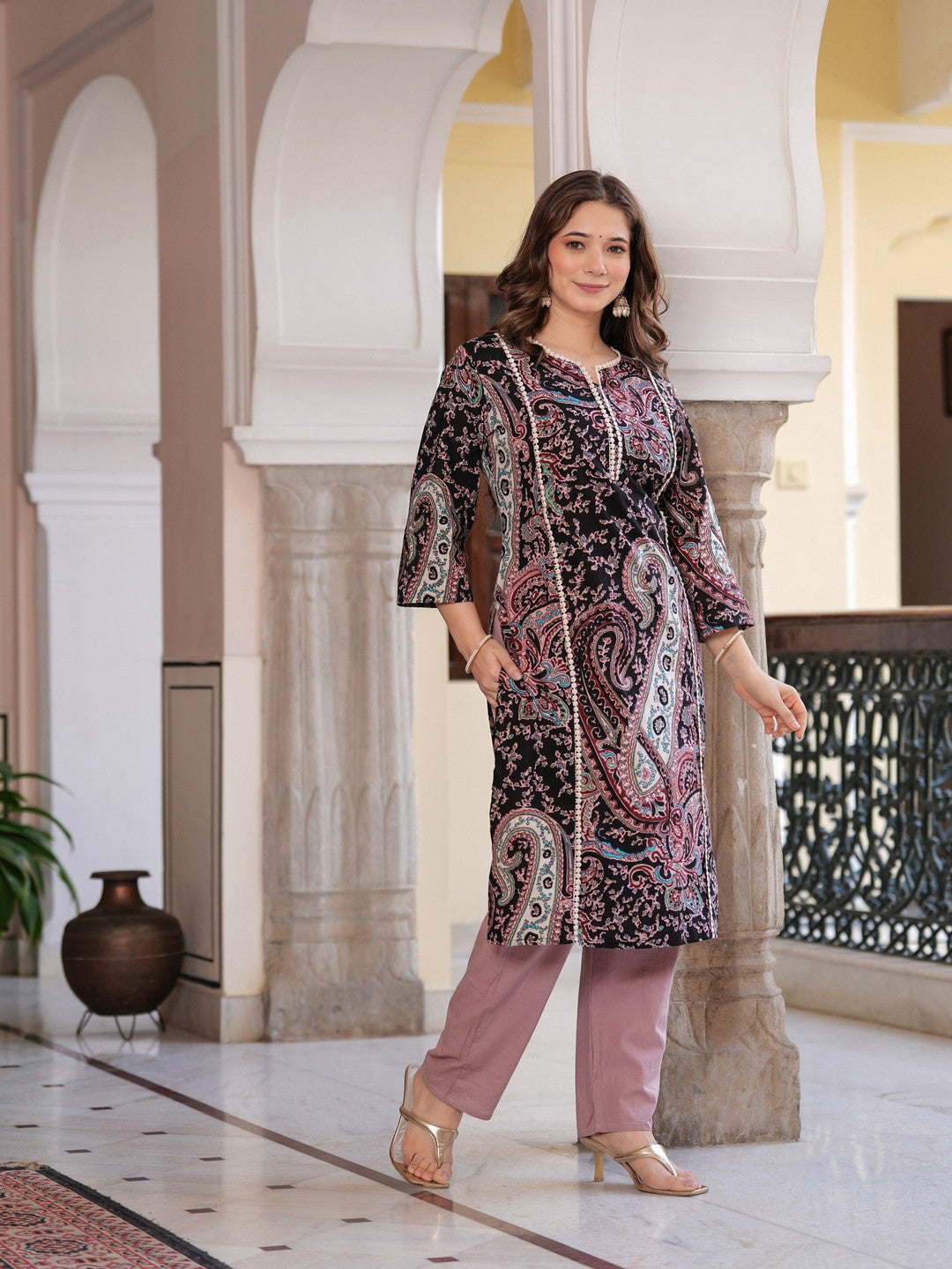 Paisley Printed Notch Neck Straight Pure Cotton Kurta with Trouser