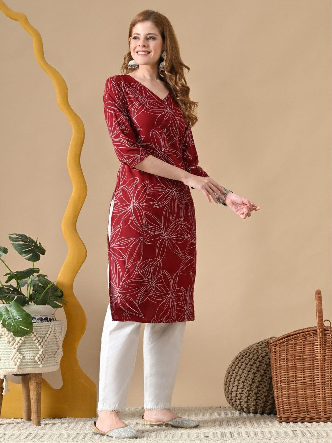Floral Printed V-Neck Straight Cotton Kurta