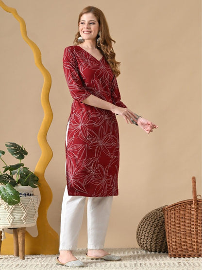 Floral Printed V-Neck Straight Cotton Kurta
