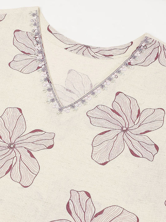 Floral Printed V-Neck Pure Cotton Straight Kurta