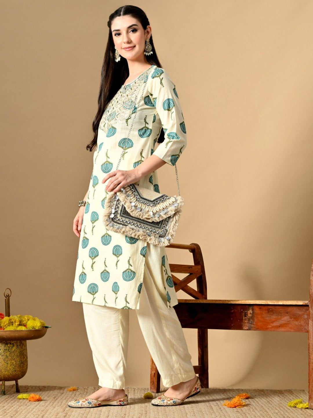 Embroidered Round Neck Sequins Cotton Straight Kurta