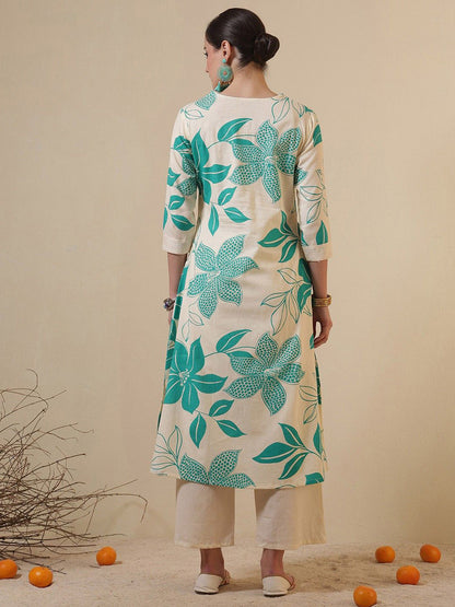 Floral Printed V-Neck A-Line Cotton Kurta