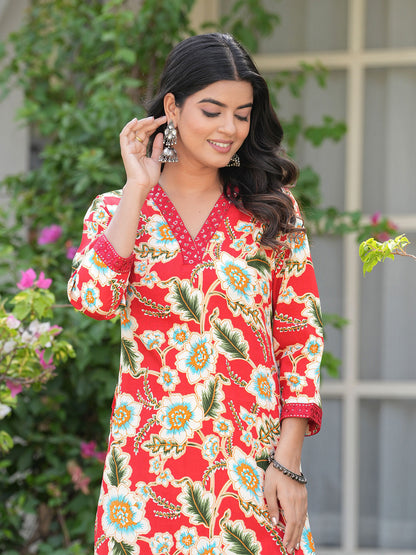 Women Floral Printed Flared Sleeves Thread Work A-Line Kurta