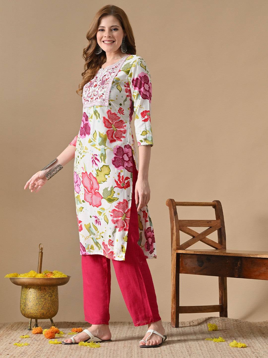 Floral Printed Notch-Neck Straight Cotton Kurta