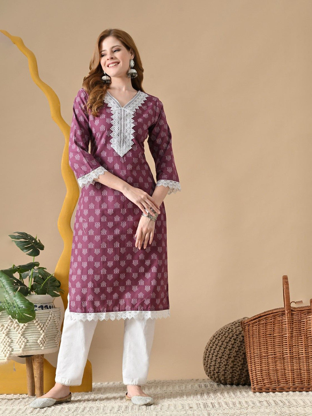 Women Ethnic Motifs Printed Thread Work Lace Cotton Kurta