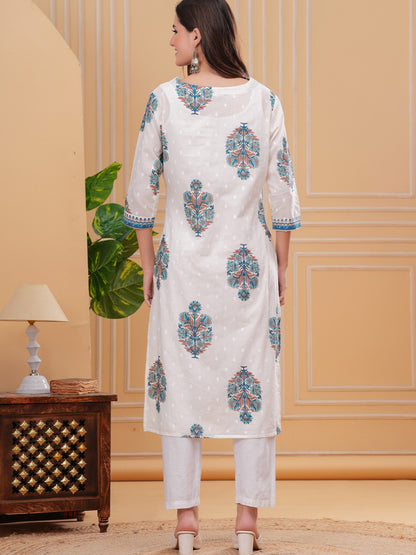 Floral Printed Thread Work Cotton Straight Kurta