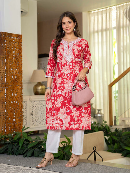 Floral Embroidered Thread Work Pure Cotton Straight Kurta